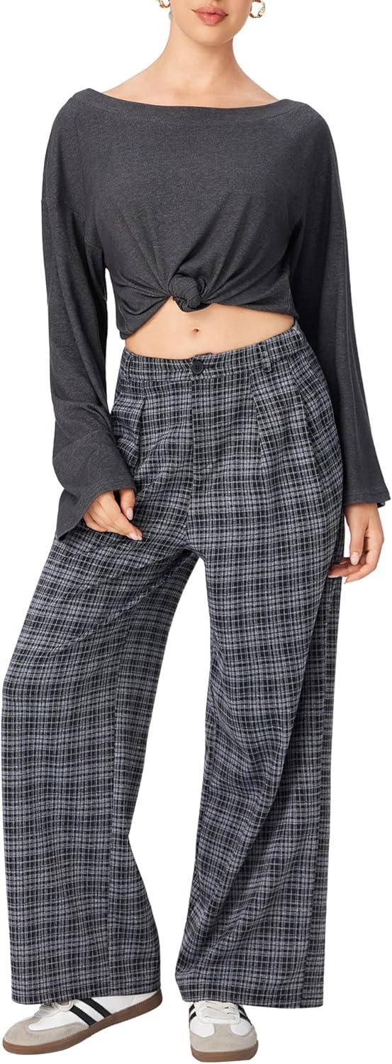 imageCIDER Plaid Wide Leg Pants for Women with Pockets Mid Waist Checkered Pants Business Casual Trousers TrendyBlack