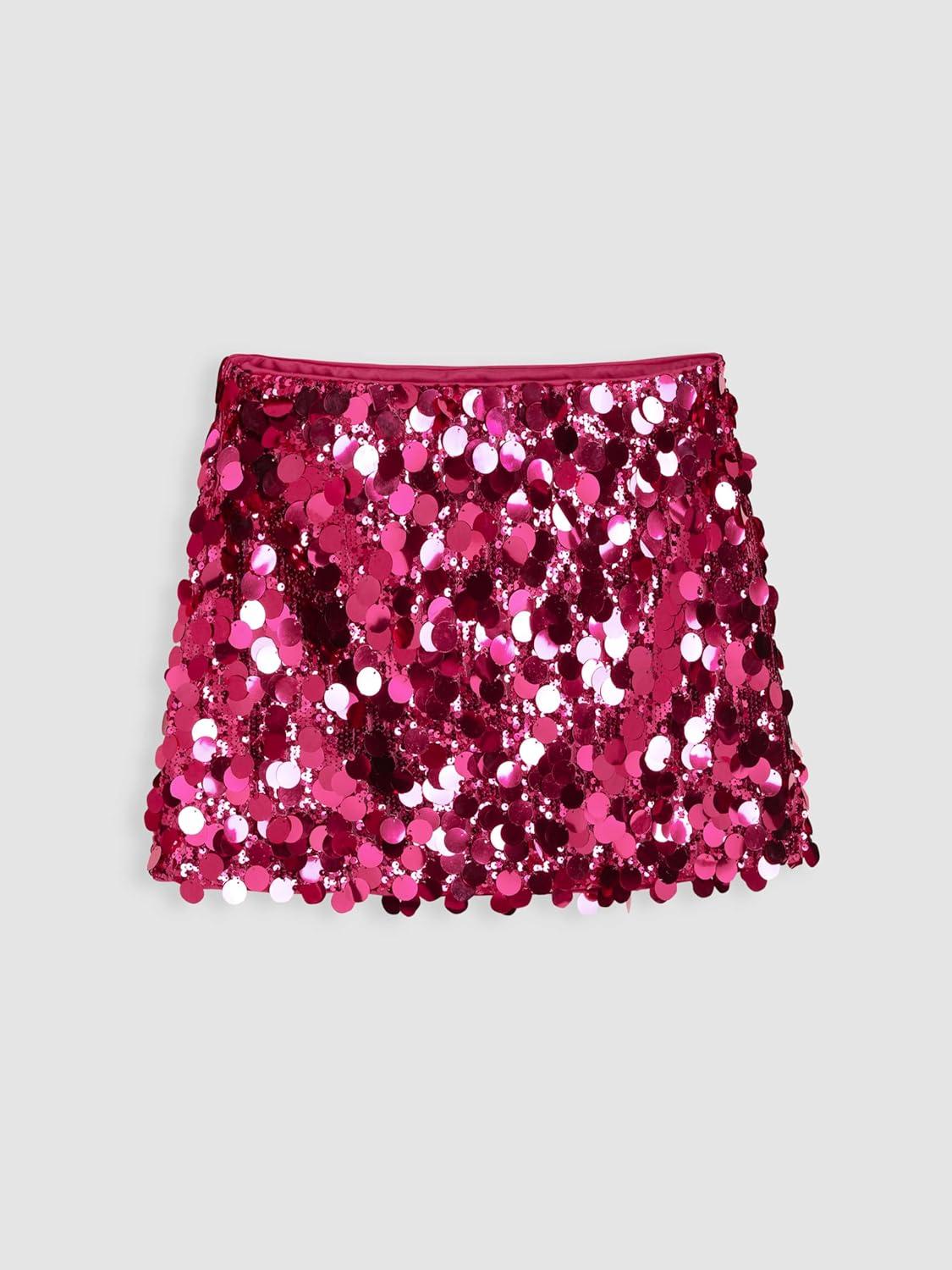 imageCIDER Sequin Mid Waist Sparkle Skirt Party Club Night Out Mini Skirt for Women TrendyFushcia