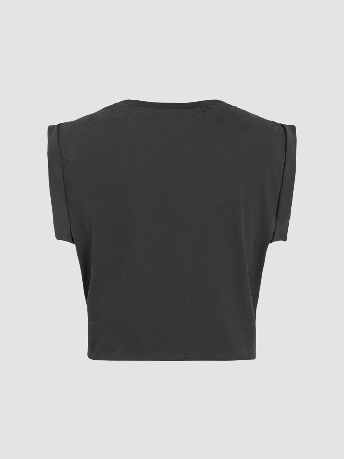 imageCIDER Womens Cap Sleeve Graphic Tank Crop Tops Crew Neck Twist Knot Front Tee T ShirtsBlack