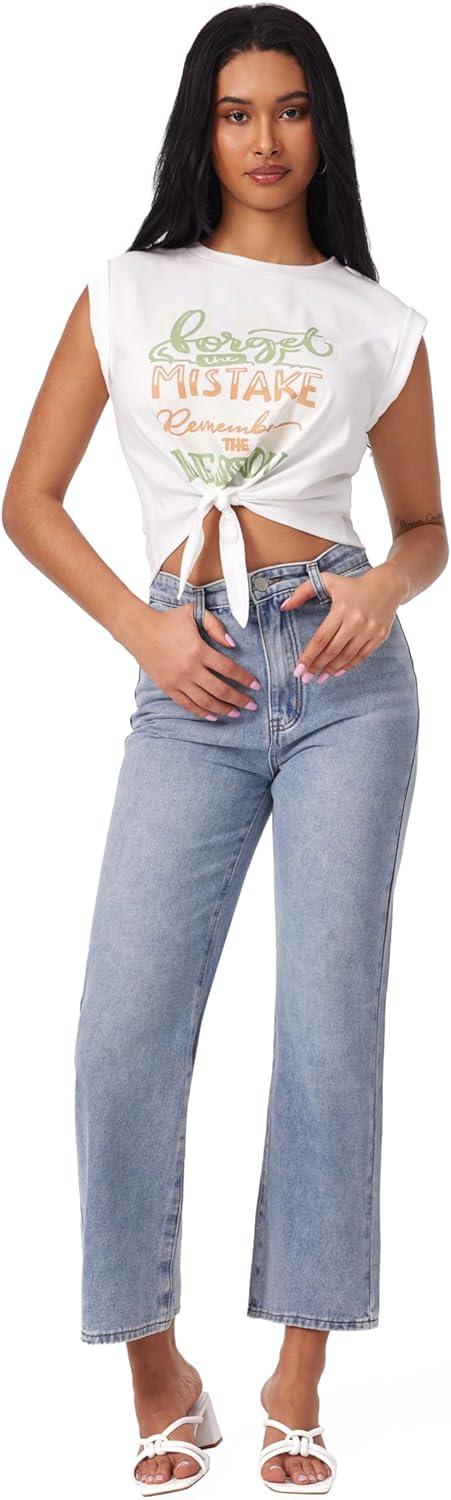 imageCIDER Womens Cap Sleeve Graphic Tank Crop Tops Crew Neck Twist Knot Front Tee T ShirtsWhite