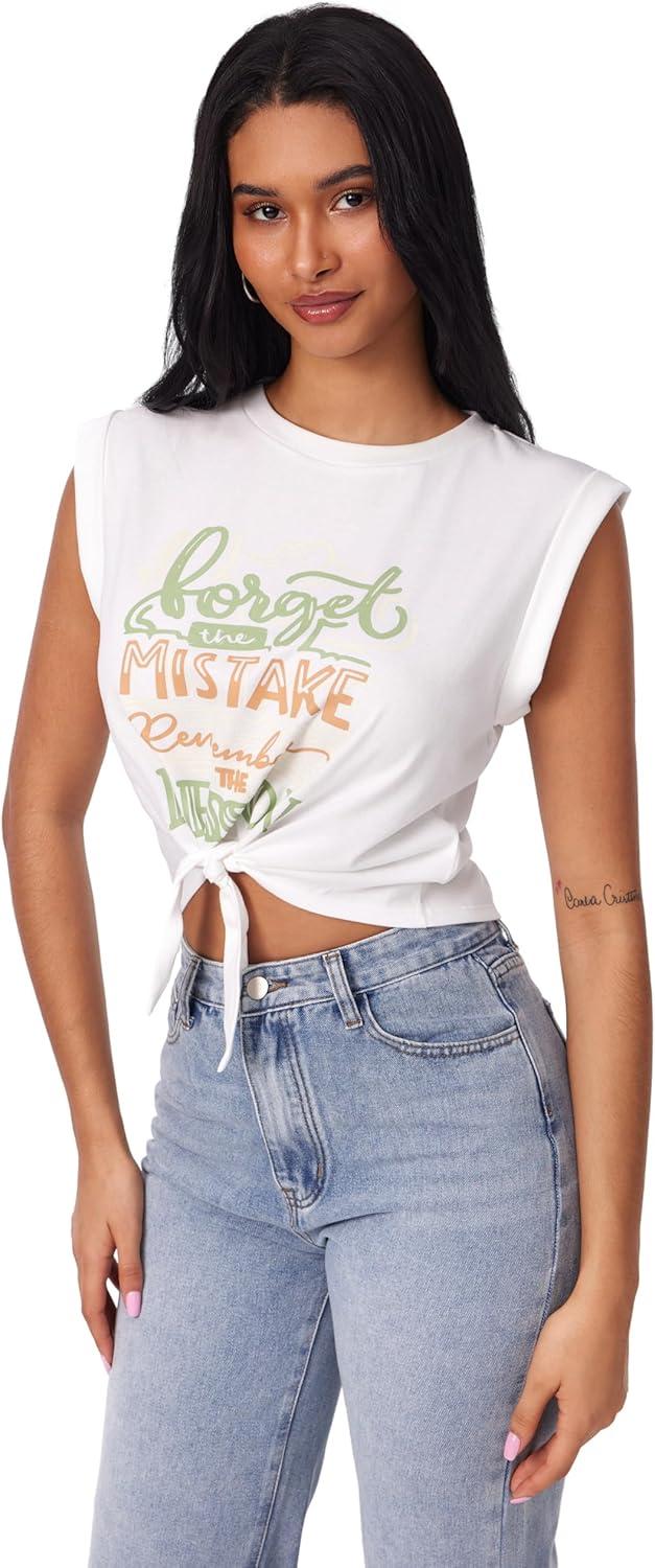 imageCIDER Womens Cap Sleeve Graphic Tank Crop Tops Crew Neck Twist Knot Front Tee T ShirtsWhite