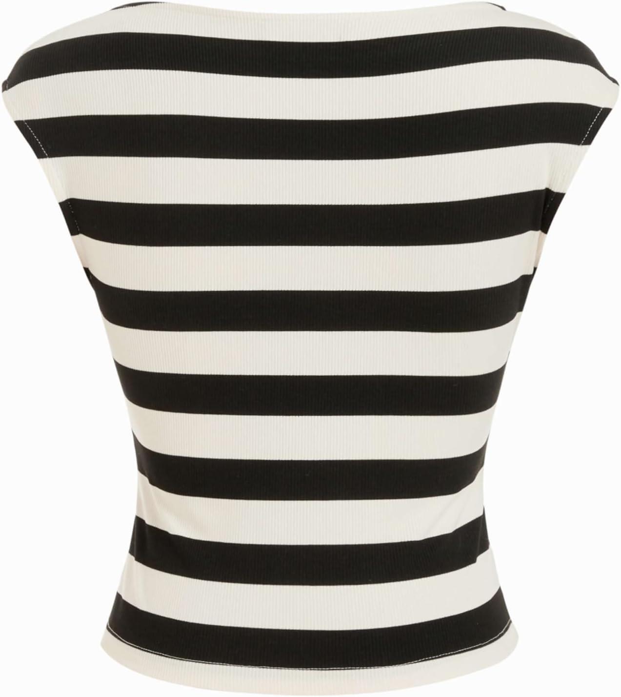 imageCIDER Womens Crop Tank Tops Boat Neck Sleeveless Ruched Slim Fit Summer Tops TrendyBlack  White