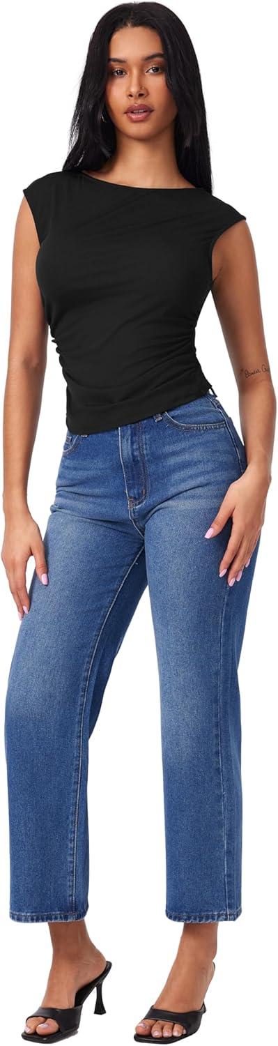 imageCIDER Womens Crop Tank Tops Boat Neck Sleeveless Ruched Slim Fit Summer Tops TrendyBlack