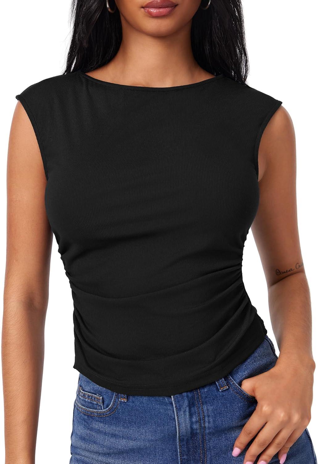 imageCIDER Womens Crop Tank Tops Boat Neck Sleeveless Ruched Slim Fit Summer Tops TrendyBlack