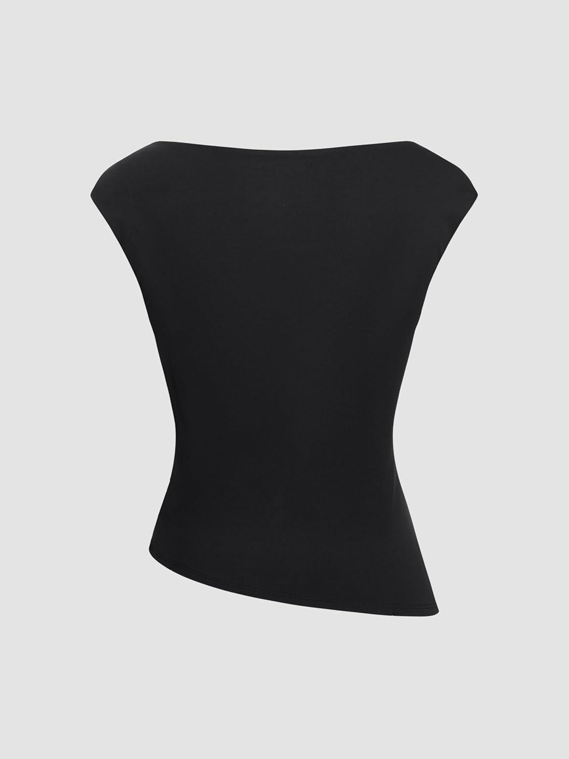 imageCIDER Womens Crop Tank Tops Boat Neck Sleeveless Ruched Slim Fit Summer Tops TrendyBlack Asymmetrical