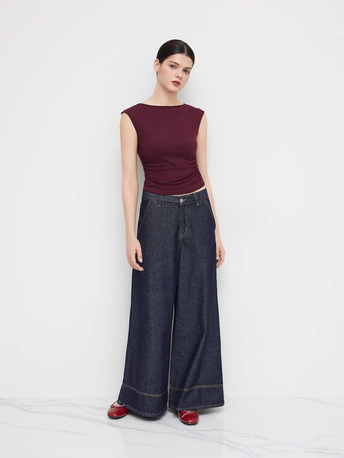 imageCIDER Womens Crop Tank Tops Boat Neck Sleeveless Ruched Slim Fit Summer Tops TrendyBurgundy