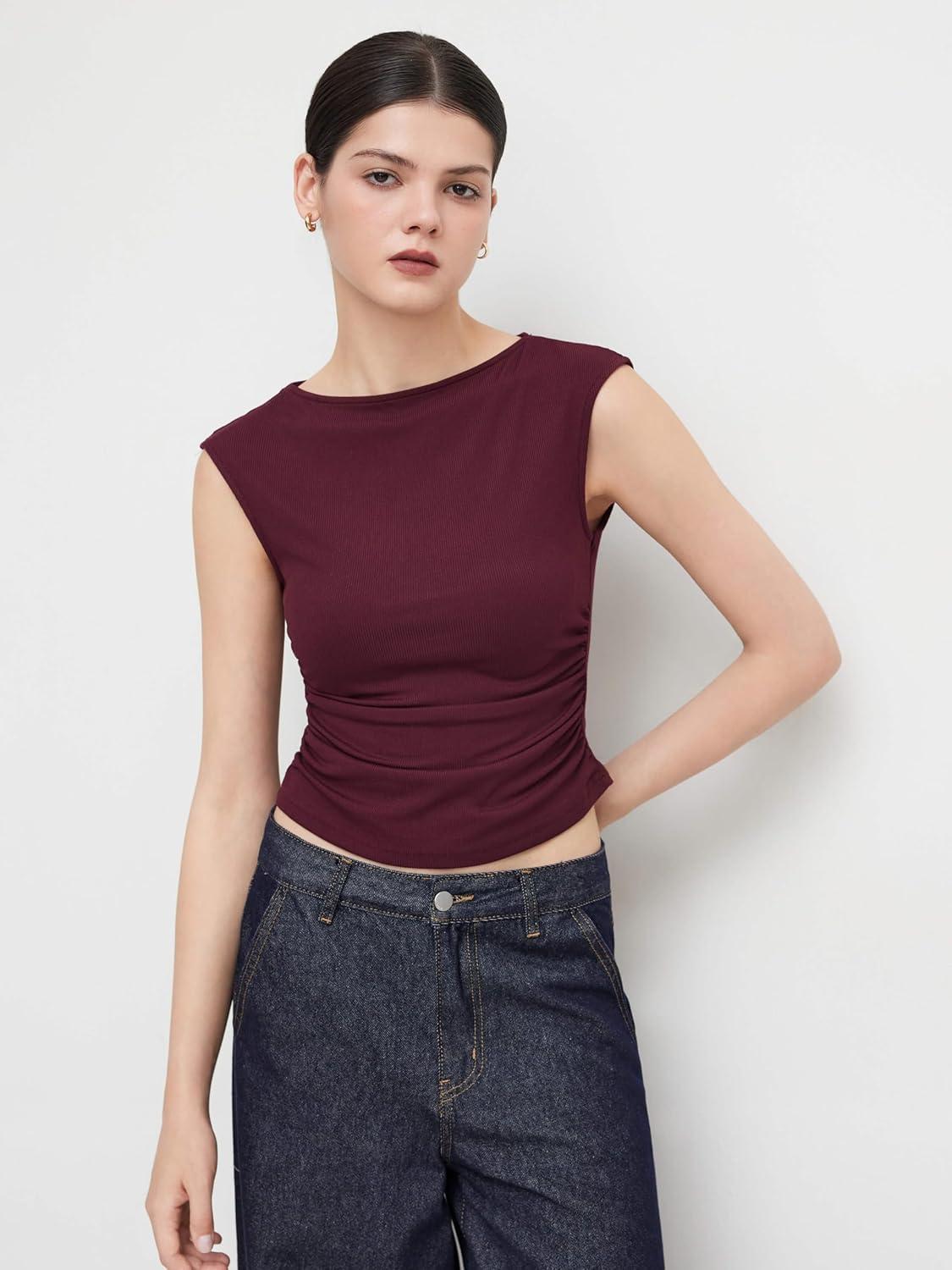 imageCIDER Womens Crop Tank Tops Boat Neck Sleeveless Ruched Slim Fit Summer Tops TrendyBurgundy