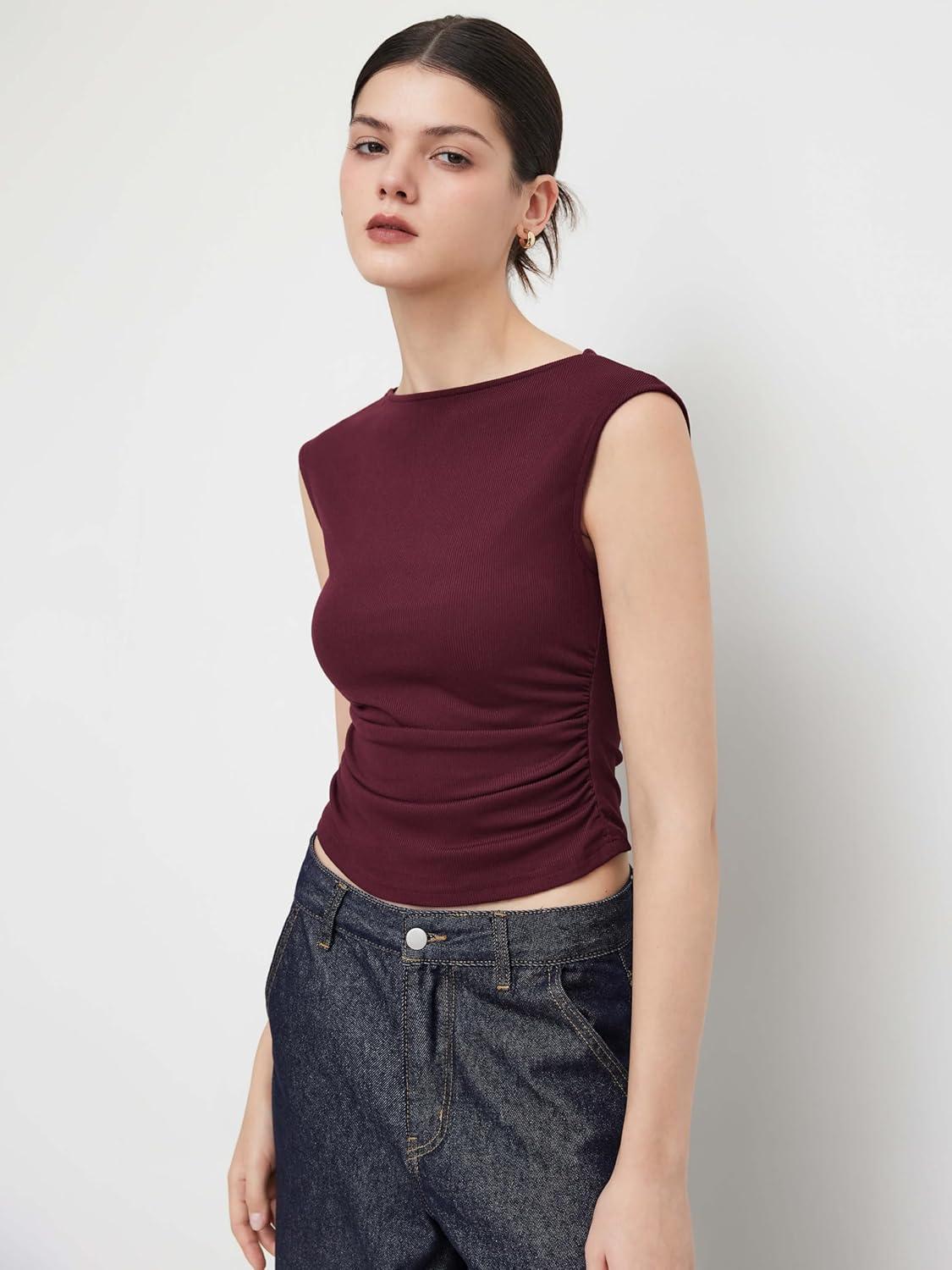 imageCIDER Womens Crop Tank Tops Boat Neck Sleeveless Ruched Slim Fit Summer Tops TrendyBurgundy