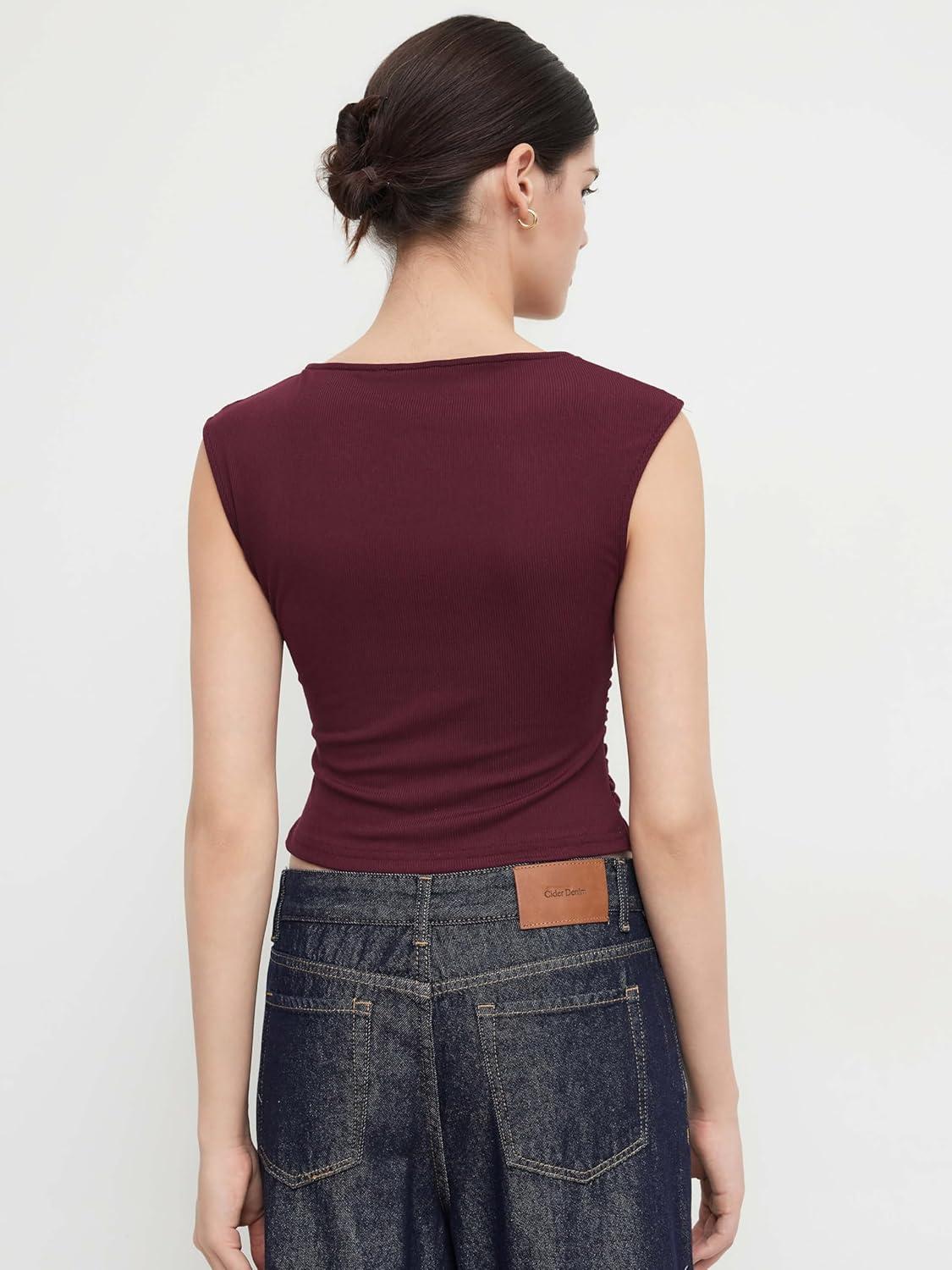imageCIDER Womens Crop Tank Tops Boat Neck Sleeveless Ruched Slim Fit Summer Tops TrendyBurgundy