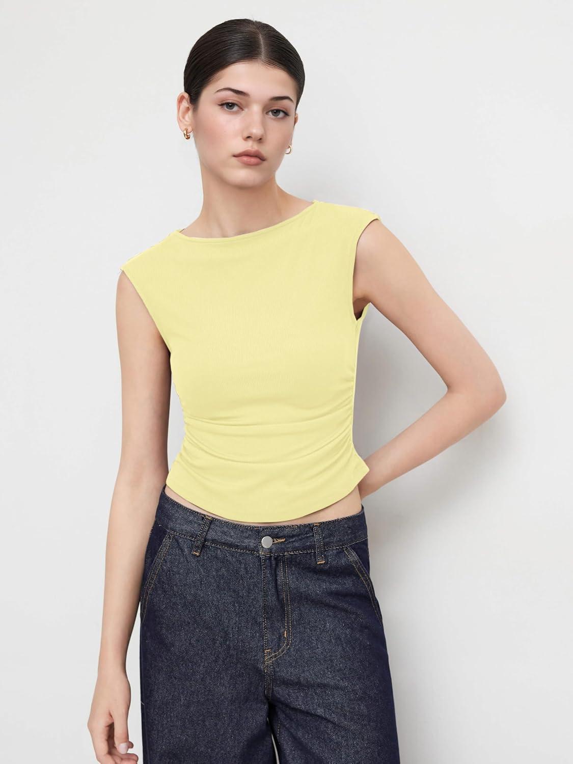 imageCIDER Womens Crop Tank Tops Boat Neck Sleeveless Ruched Slim Fit Summer Tops TrendyLight Yellow