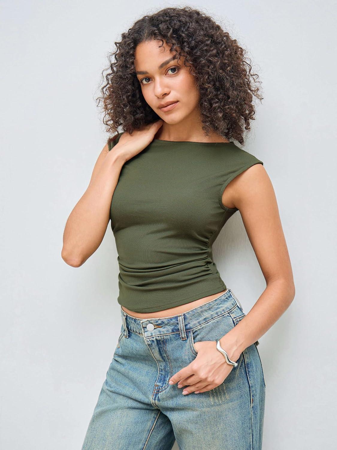 imageCIDER Womens Crop Tank Tops Boat Neck Sleeveless Ruched Slim Fit Summer Tops TrendyOlive Green