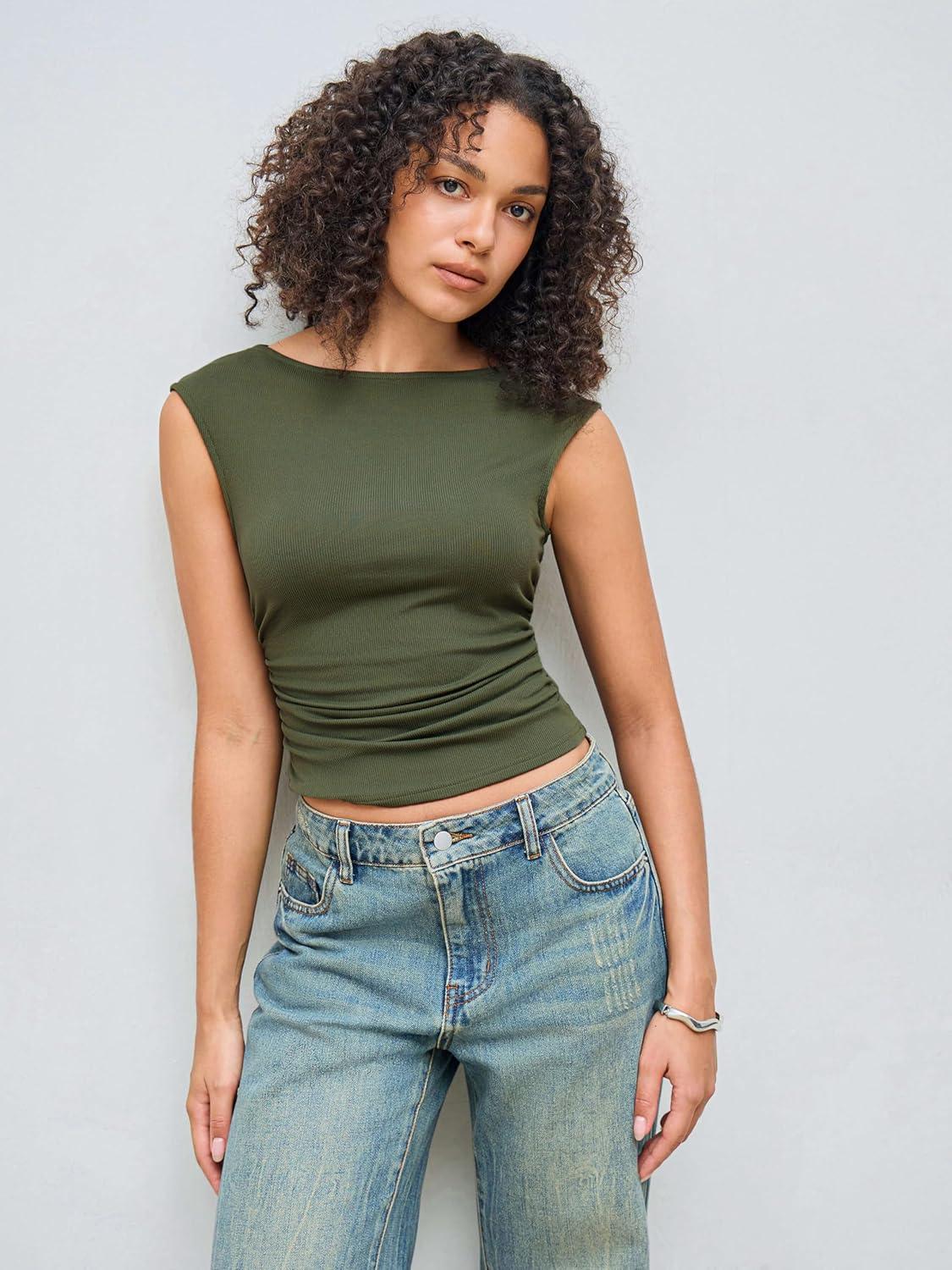 imageCIDER Womens Crop Tank Tops Boat Neck Sleeveless Ruched Slim Fit Summer Tops TrendyOlive Green