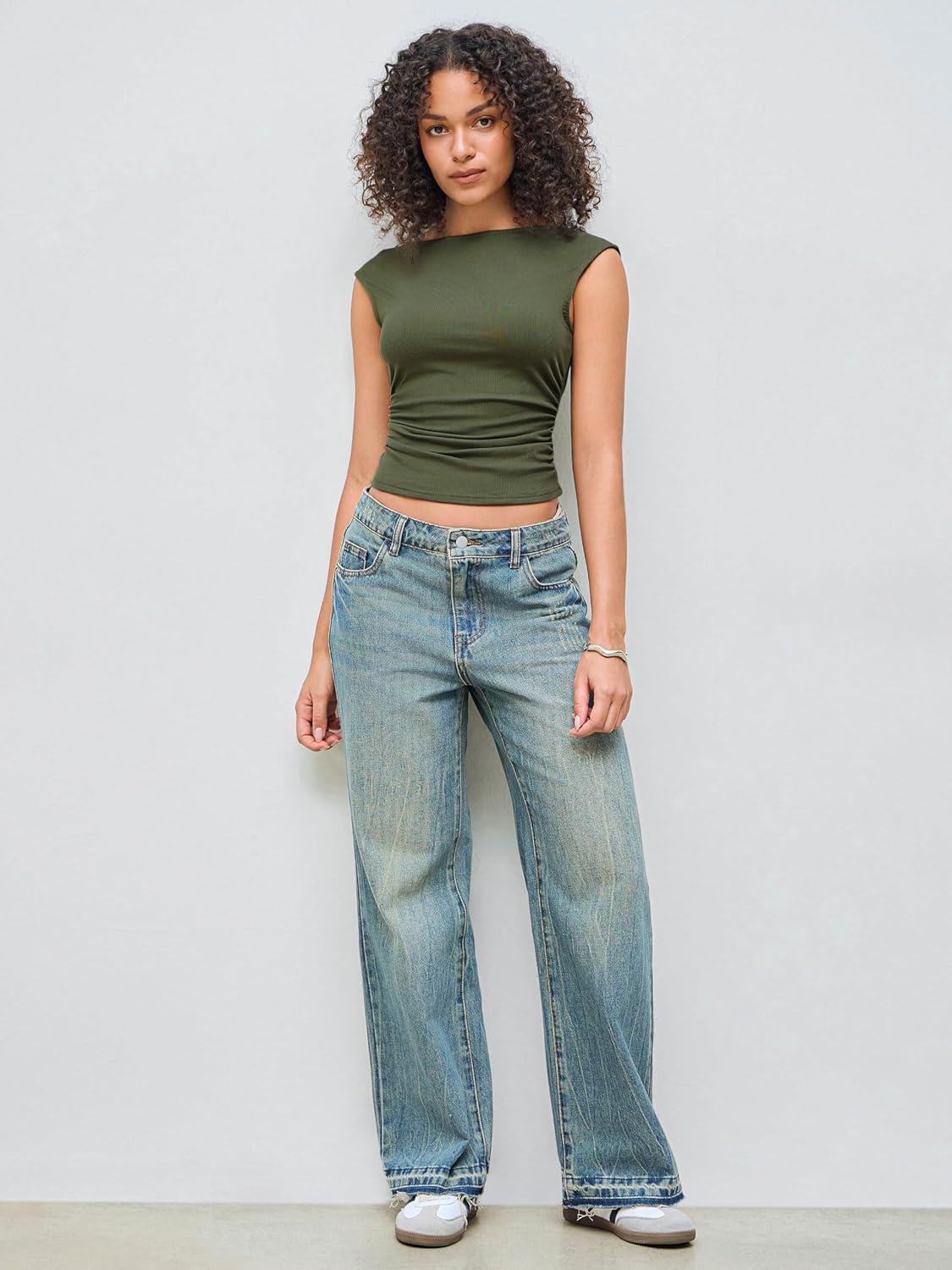 imageCIDER Womens Crop Tank Tops Boat Neck Sleeveless Ruched Slim Fit Summer Tops TrendyOlive Green