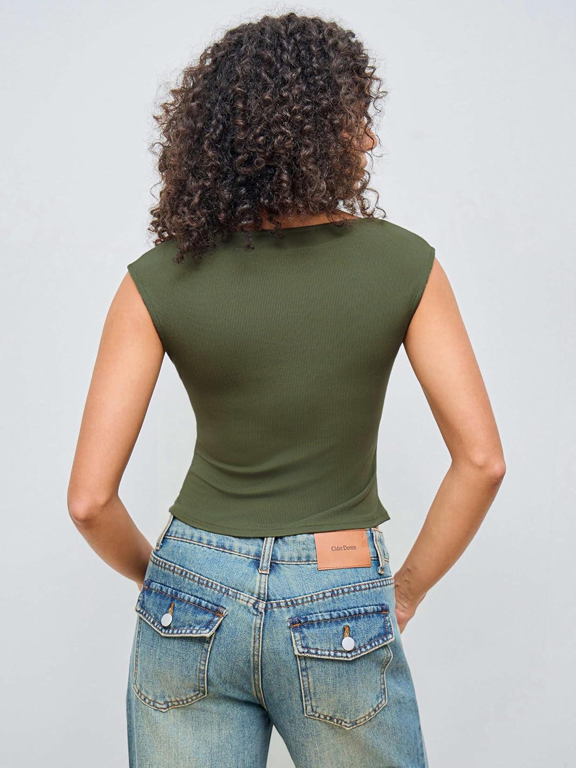 imageCIDER Womens Crop Tank Tops Boat Neck Sleeveless Ruched Slim Fit Summer Tops TrendyOlive Green