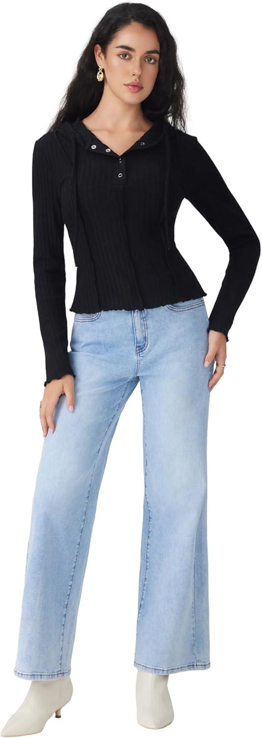 imageCIDER Womens Knit Hoodie Long Sleeve Crop Sweater Button Down Pullover Ribbed Y2K Going Out Casual Fall Fashion ClothingBlack