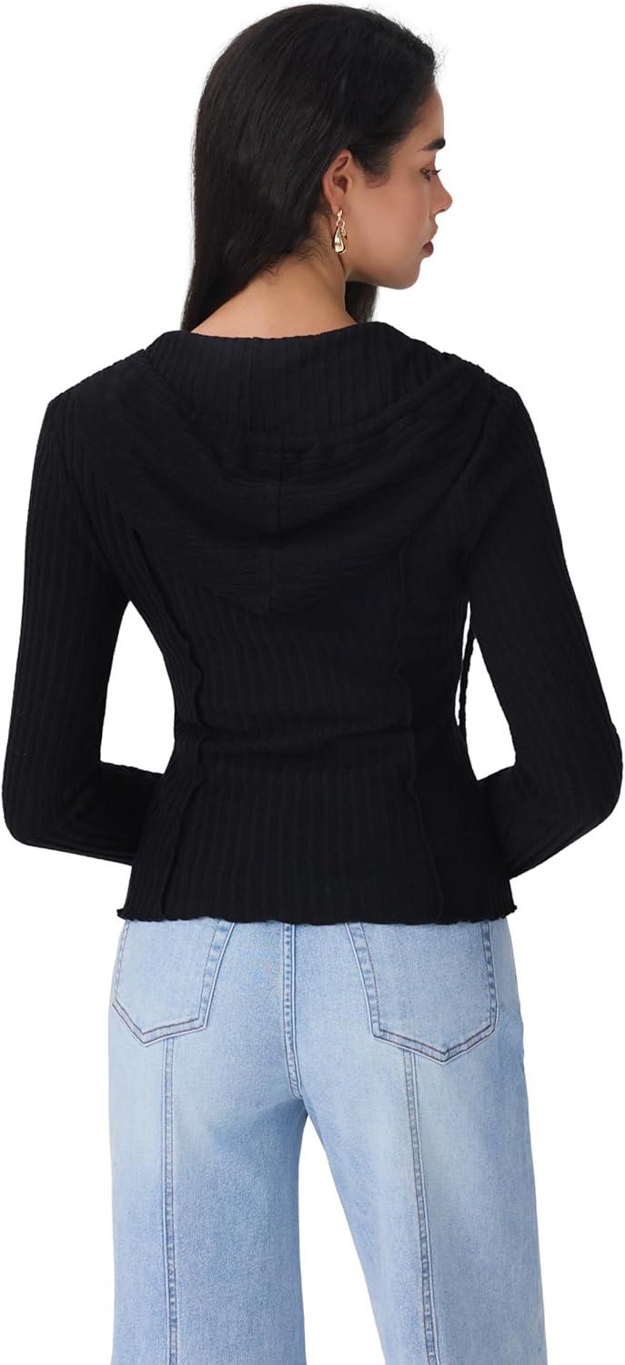 imageCIDER Womens Knit Hoodie Long Sleeve Crop Sweater Button Down Pullover Ribbed Y2K Going Out Casual Fall Fashion ClothingBlack