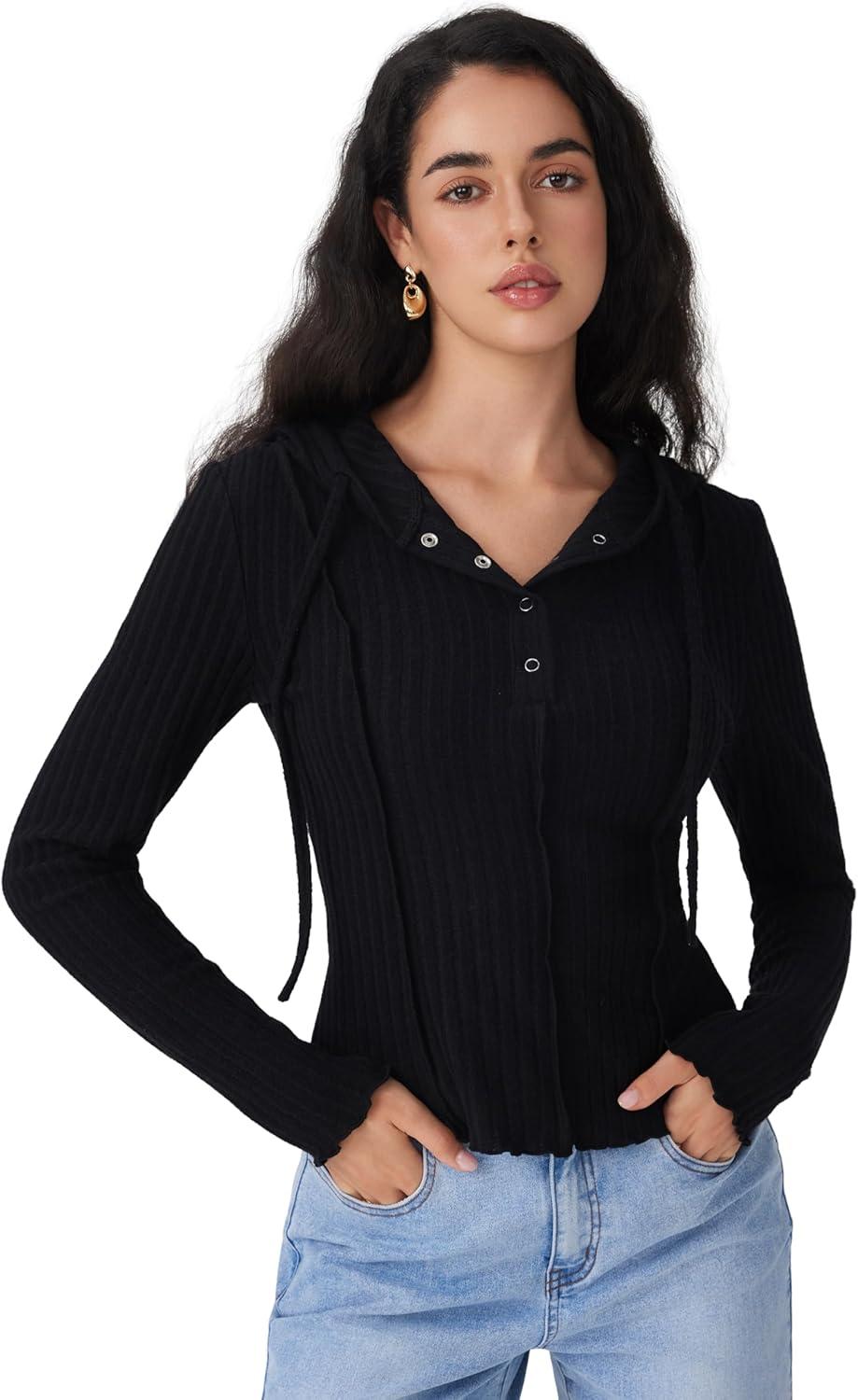 imageCIDER Womens Knit Hoodie Long Sleeve Crop Sweater Button Down Pullover Ribbed Y2K Going Out Casual Fall Fashion ClothingBlack