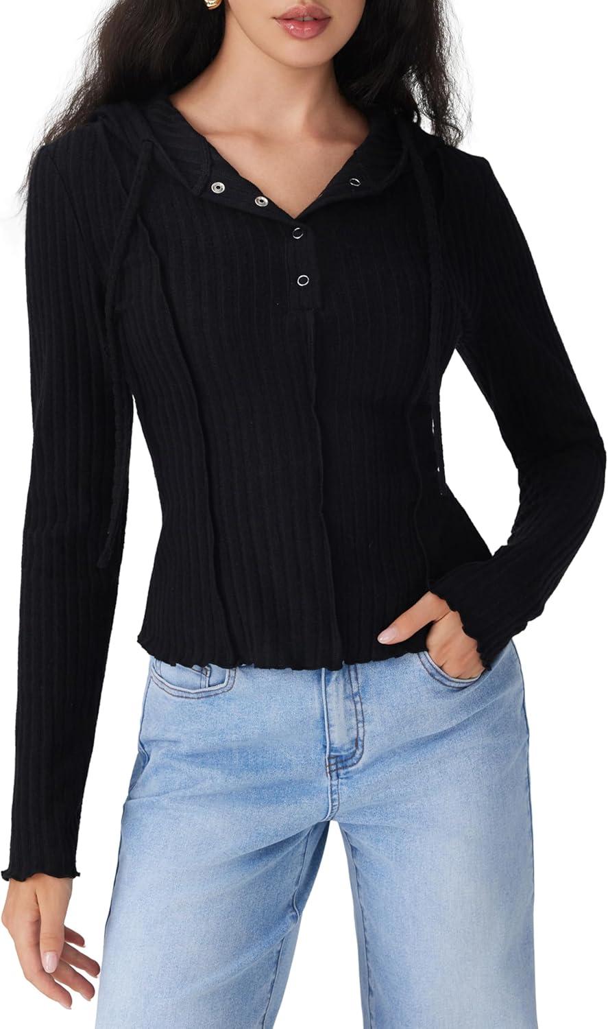 imageCIDER Womens Knit Hoodie Long Sleeve Crop Sweater Button Down Pullover Ribbed Y2K Going Out Casual Fall Fashion ClothingBlack