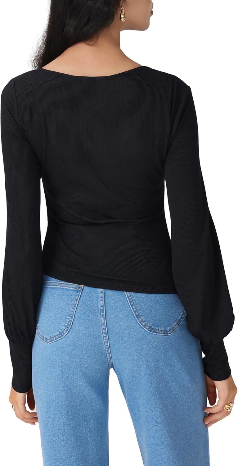 imageCIDER Womens Long Sleeve Asymmetric Neck Top Lantern Sleeves Fitted Business Casual Shirt Date Night Fall FashionBlack