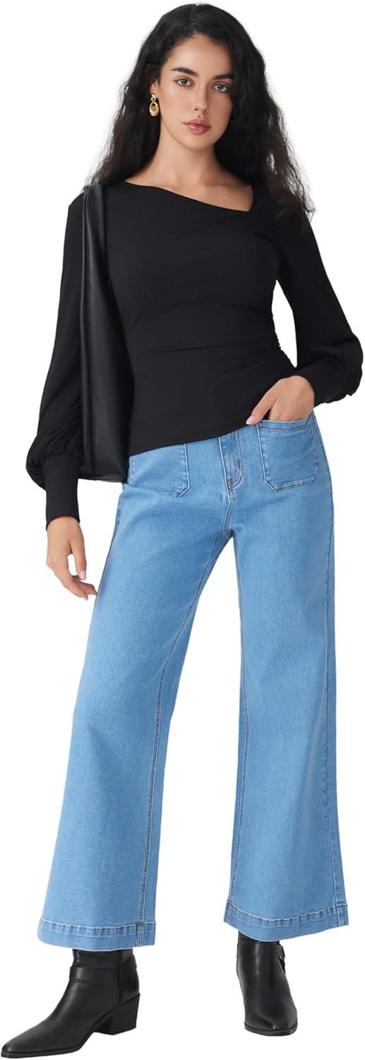 imageCIDER Womens Long Sleeve Asymmetric Neck Top Lantern Sleeves Fitted Business Casual Shirt Date Night Fall FashionBlack