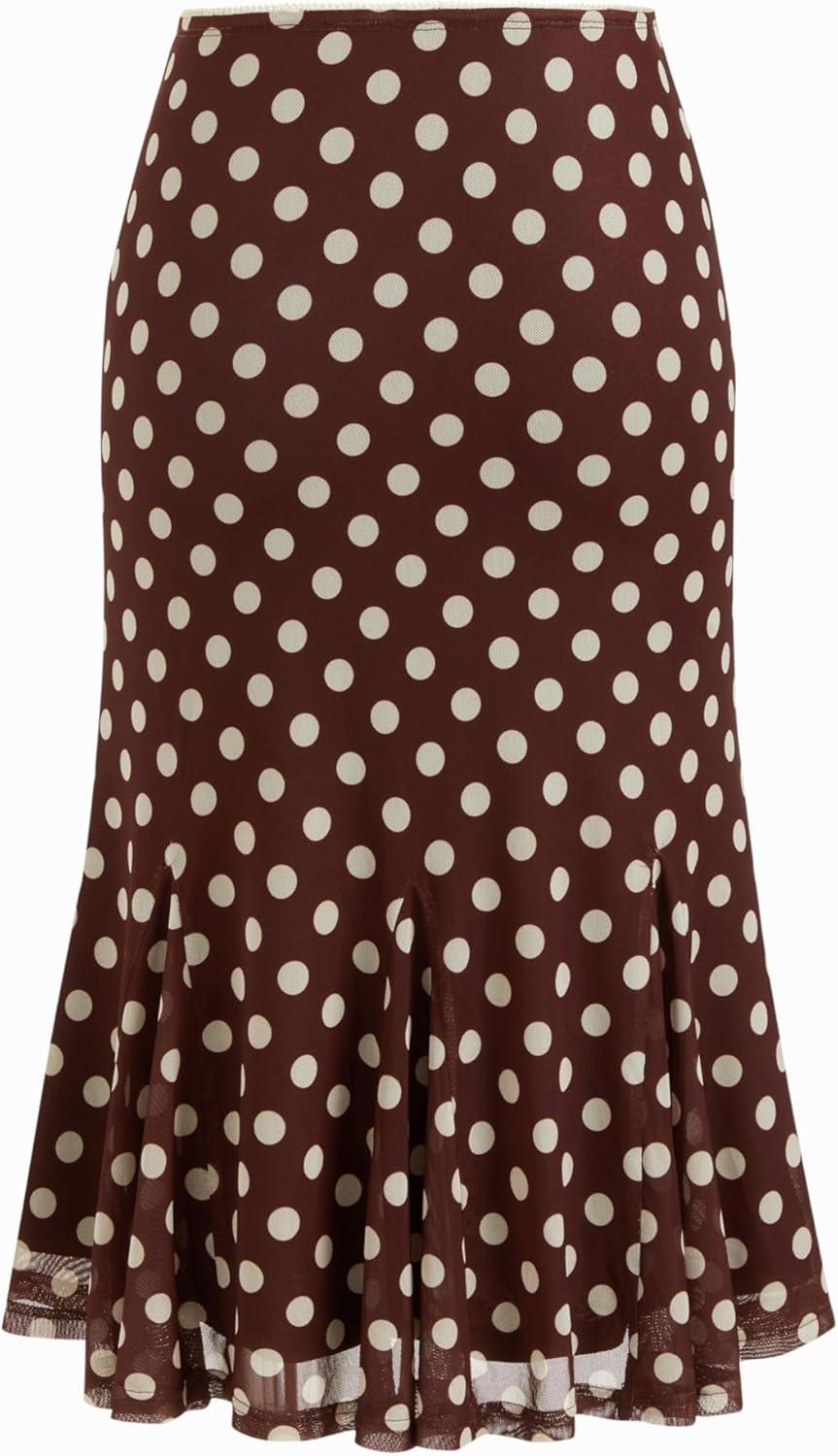 imageCIDER Womens Polka Dot Midi Skirt Vintage Bowknot Sheer Mesh Ruffle Hem Retro Fashion Going Out Casual Skirt TrendyCoffee