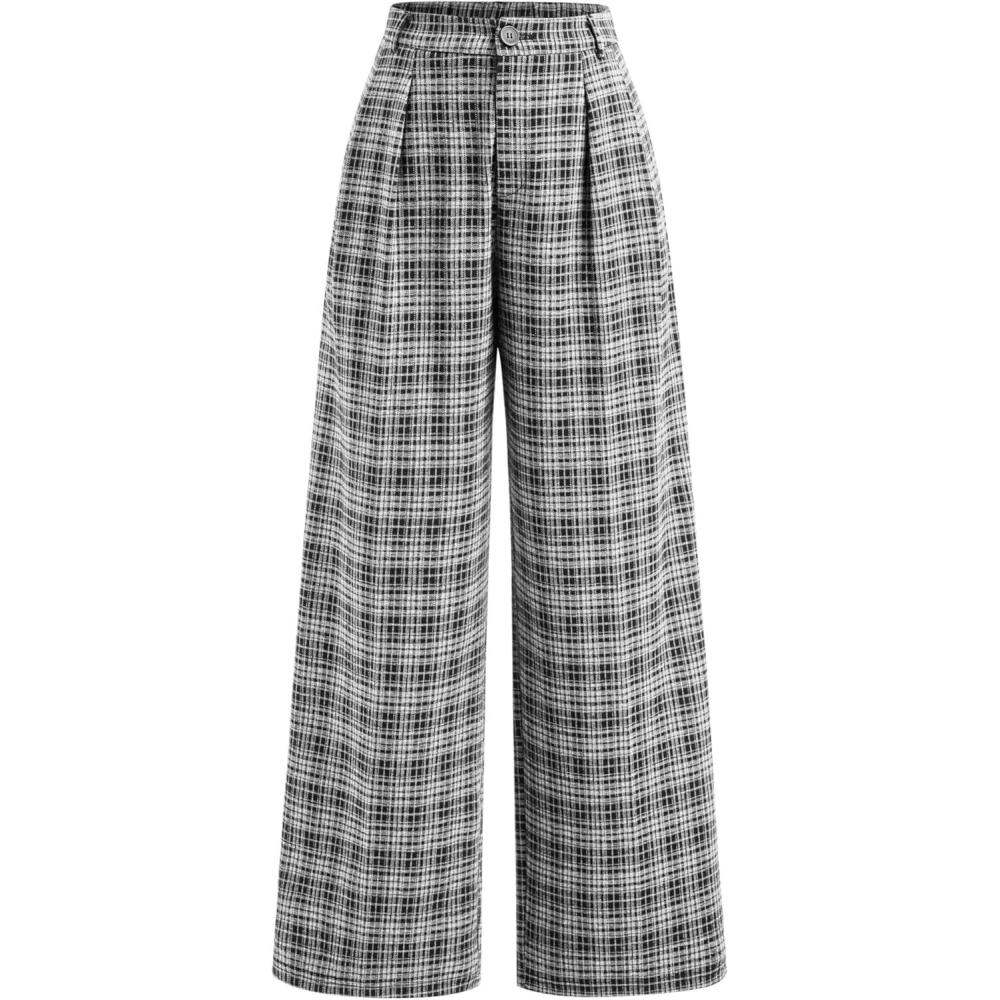 imageCIDER Plaid Wide Leg Pants for Women with Pockets Mid Waist Checkered Pants Business Casual Trousers TrendyBlack  White