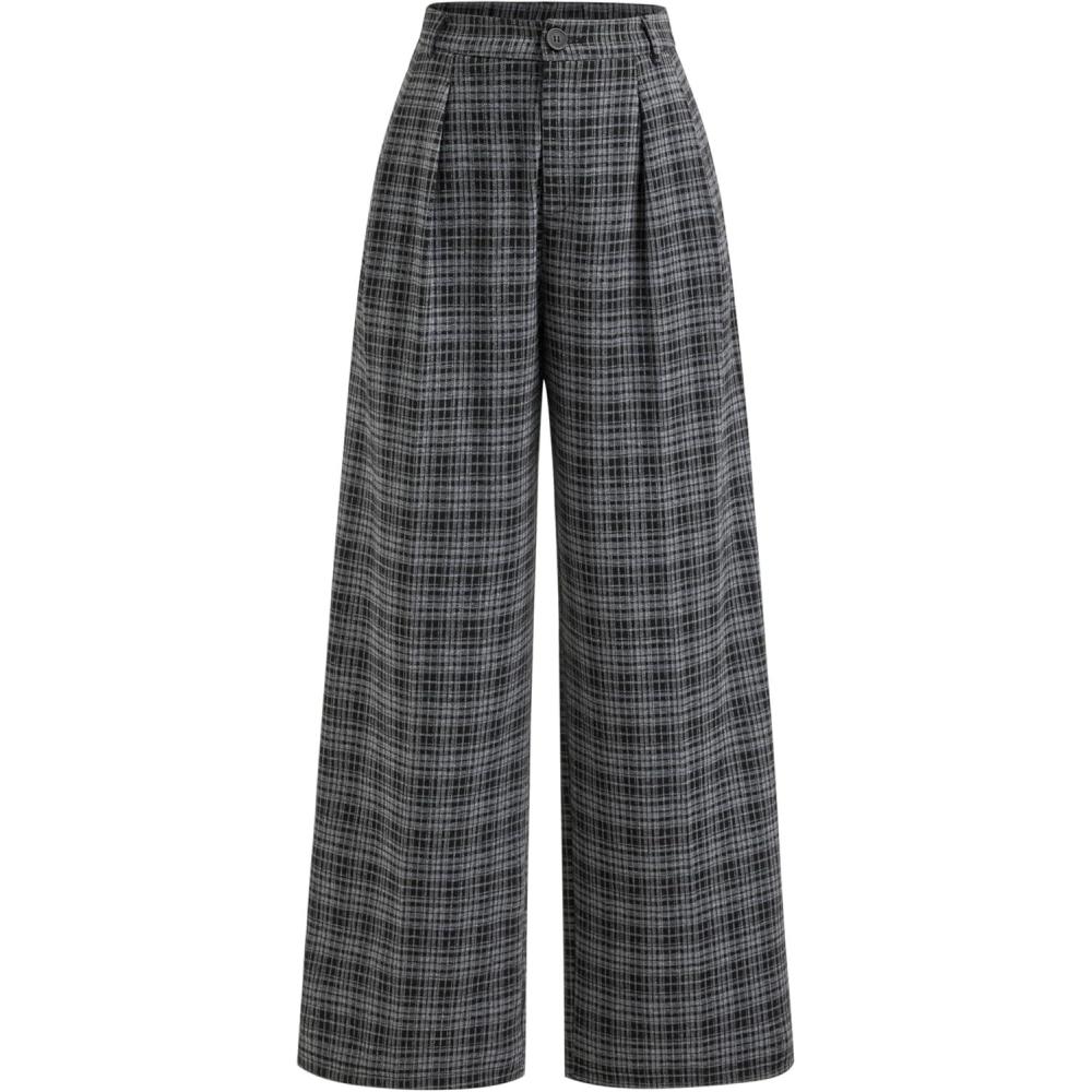 imageCIDER Plaid Wide Leg Pants for Women with Pockets Mid Waist Checkered Pants Business Casual Trousers TrendyBlack
