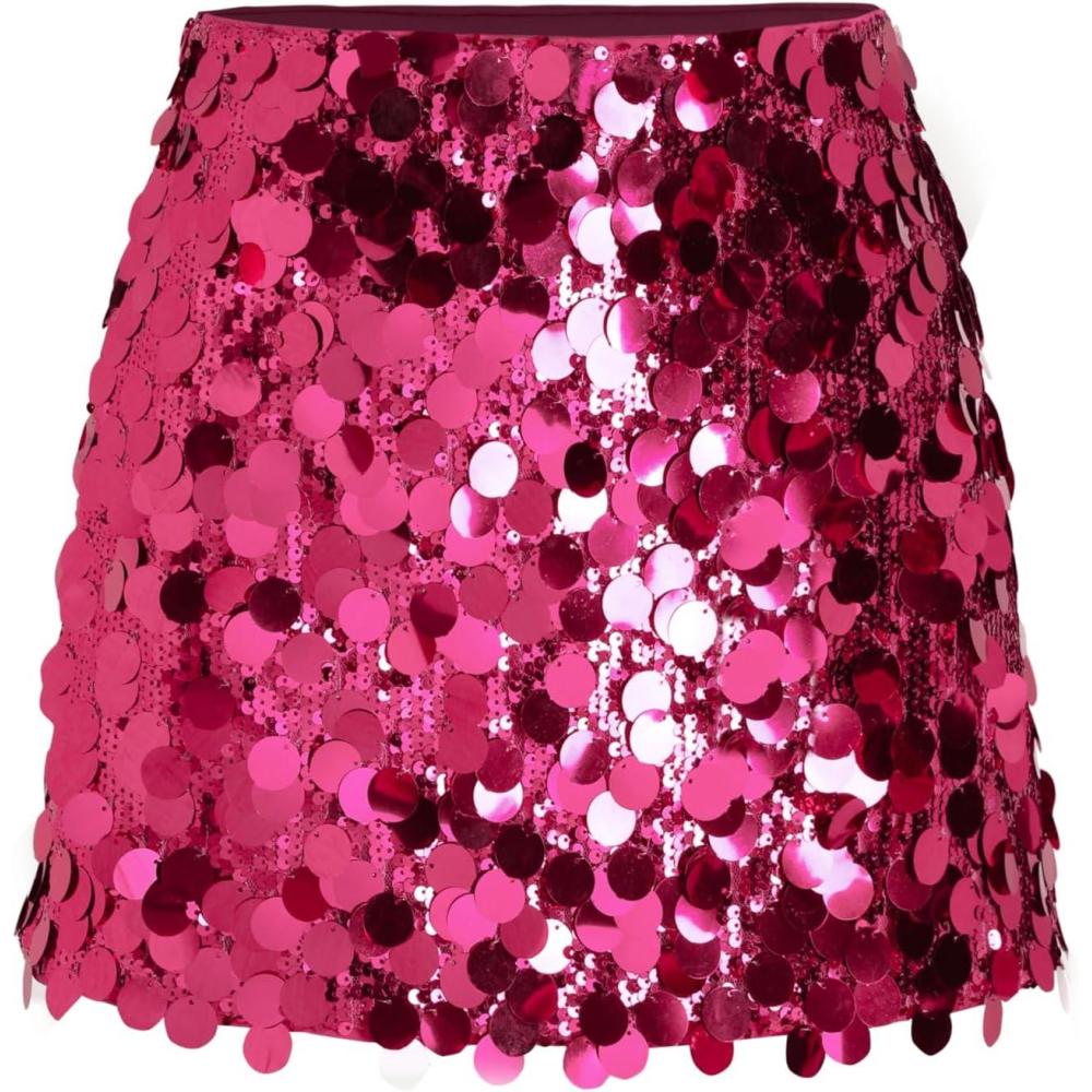 imageCIDER Sequin Mid Waist Sparkle Skirt Party Club Night Out Mini Skirt for Women TrendyFushcia