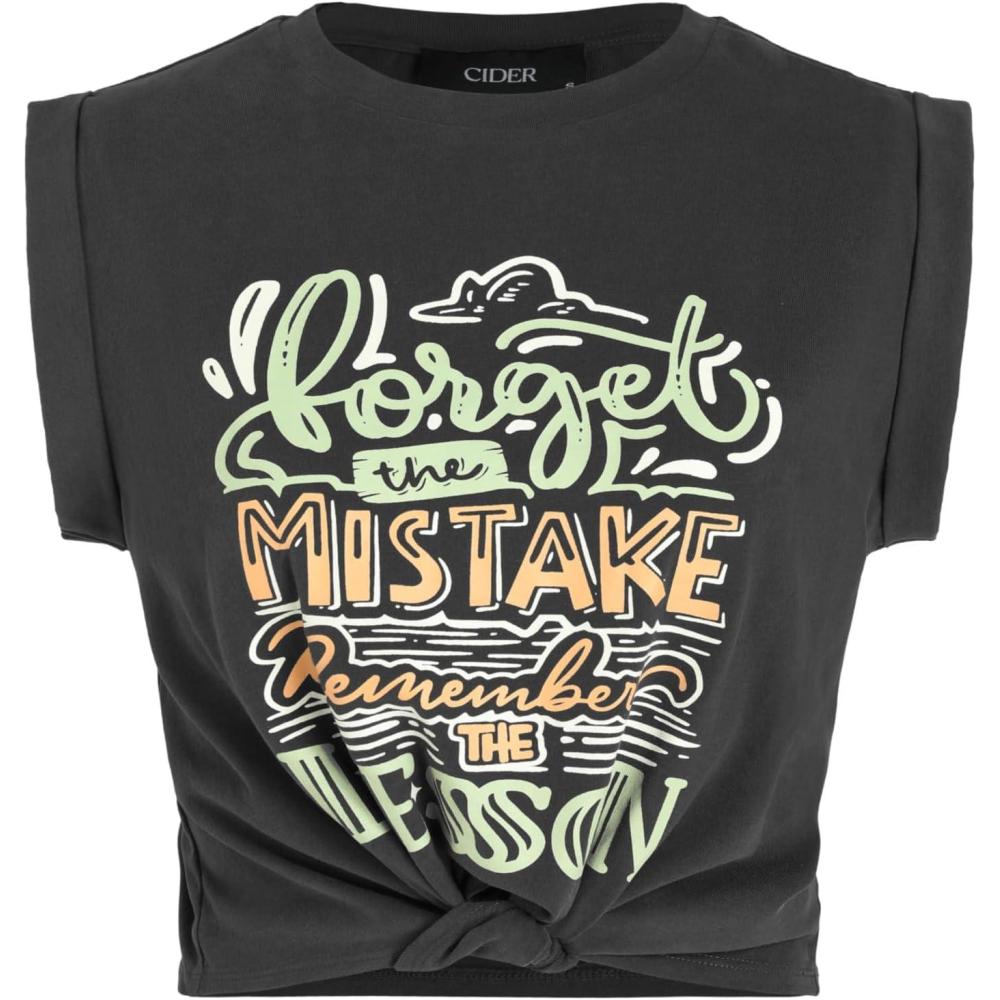 imageCIDER Womens Cap Sleeve Graphic Tank Crop Tops Crew Neck Twist Knot Front Tee T ShirtsBlack