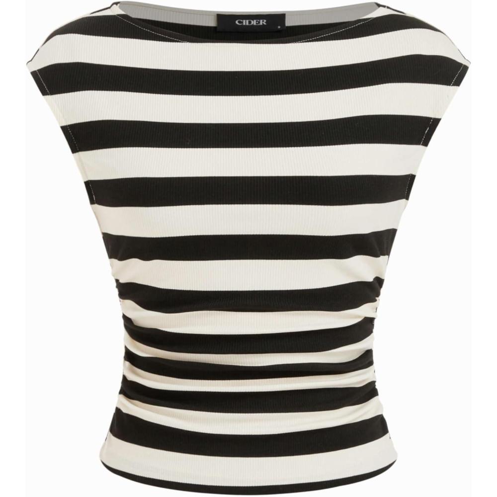 imageCIDER Womens Crop Tank Tops Boat Neck Sleeveless Ruched Slim Fit Summer Tops TrendyBlack  White