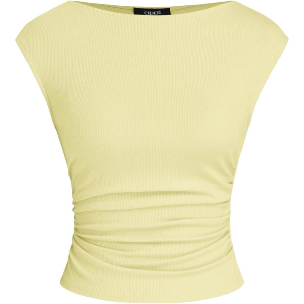 imageCIDER Womens Crop Tank Tops Boat Neck Sleeveless Ruched Slim Fit Summer Tops TrendyLight Yellow