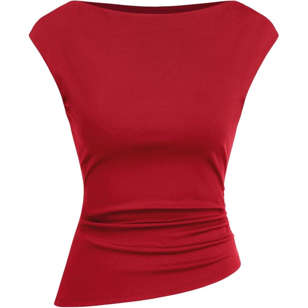 imageCIDER Womens Crop Tank Tops Boat Neck Sleeveless Ruched Slim Fit Summer Tops TrendyRed Asymmetrical
