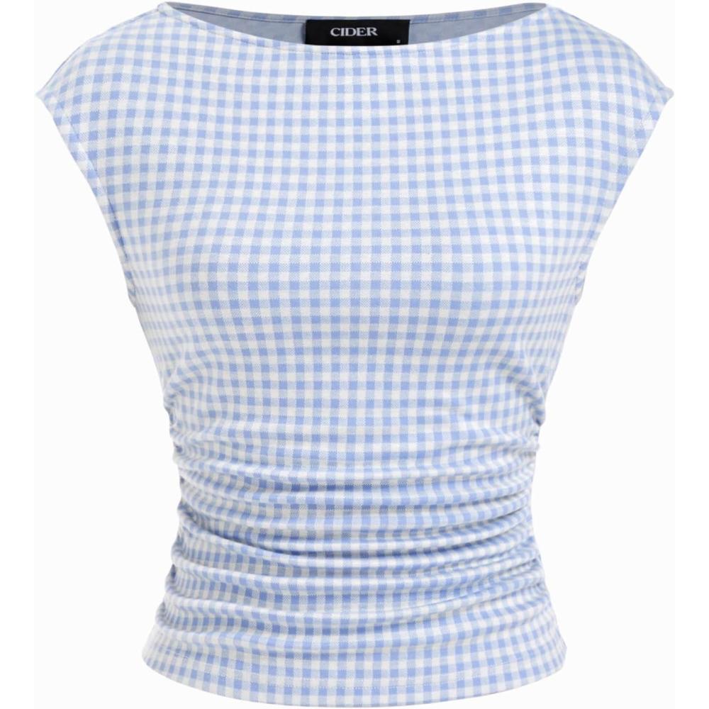 imageCIDER Womens Crop Tank Tops Boat Neck Sleeveless Ruched Slim Fit Summer Tops TrendySky Blue