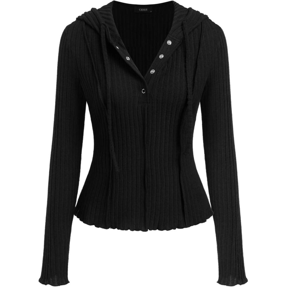 imageCIDER Womens Knit Hoodie Long Sleeve Crop Sweater Button Down Pullover Ribbed Y2K Going Out Casual Fall Fashion ClothingBlack