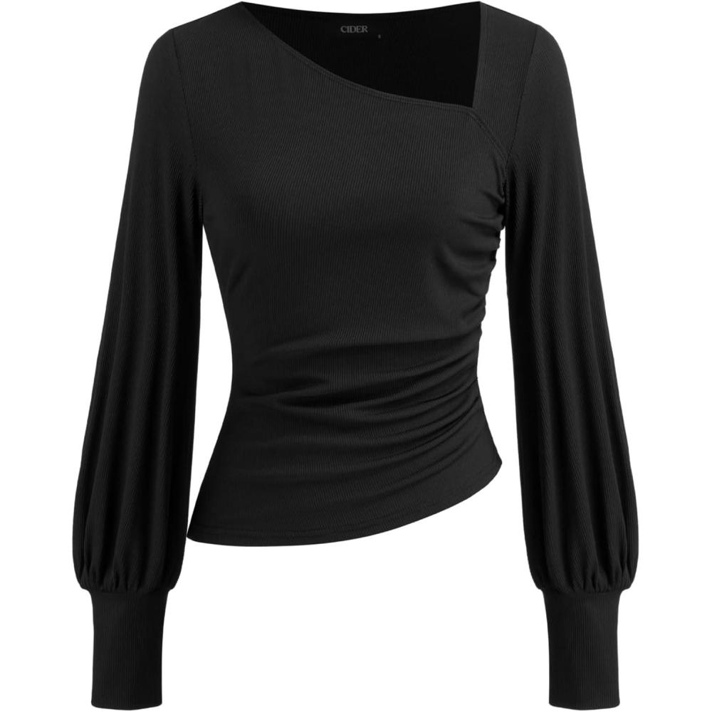 imageCIDER Womens Long Sleeve Asymmetric Neck Top Lantern Sleeves Fitted Business Casual Shirt Date Night Fall FashionBlack