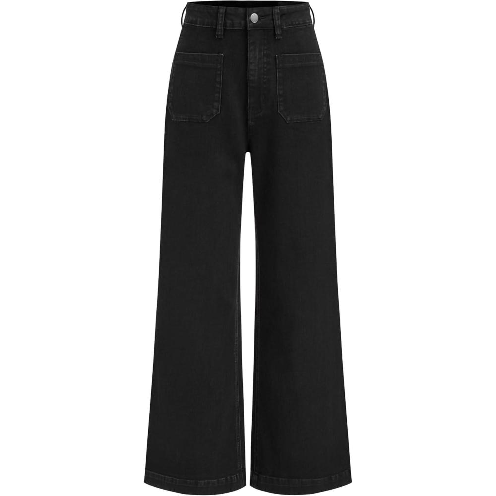 imageCIDER Womens Wide Leg Jeans High Waisted Stretchy Denim Flared Pants with PocketsBlack