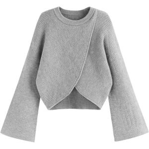 CIDER Cropped Sweaters for Women Turtleneck Sweater Long Sleeve Ribbed Knit Lantern Sleeve Pullover Fall Outfits(Crewneck-grey)