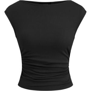 CIDER Women’s Crop Tank Tops Boat Neck Sleeveless Ruched Slim Fit Summer Tops Trendy(Black)
