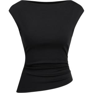 CIDER Women’s Crop Tank Tops Boat Neck Sleeveless Ruched Slim Fit Summer Tops Trendy(Black (Asymmetrical))