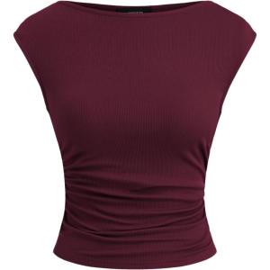 CIDER Women’s Crop Tank Tops Boat Neck Sleeveless Ruched Slim Fit Summer Tops Trendy(Burgundy)