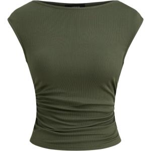 CIDER Women’s Crop Tank Tops Boat Neck Sleeveless Ruched Slim Fit Summer Tops Trendy(Olive Green)