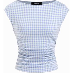 CIDER Women’s Crop Tank Tops Boat Neck Sleeveless Ruched Slim Fit Summer Tops Trendy(Sky Blue)
