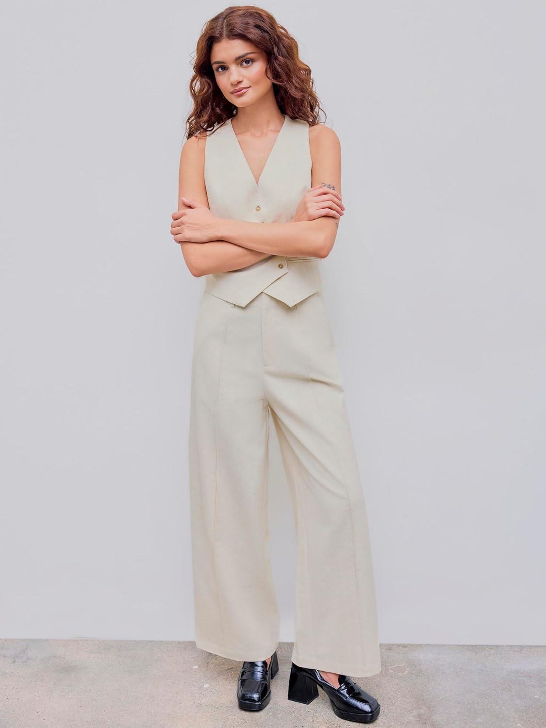 imageCIDER LinenBlend High Rise Solid Pocket Wide Leg TrousersBeige