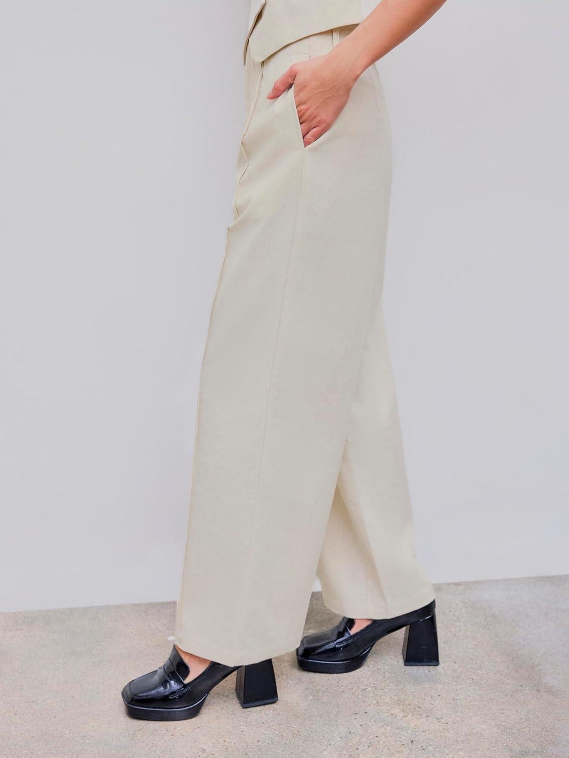 imageCIDER LinenBlend High Rise Solid Pocket Wide Leg TrousersBeige