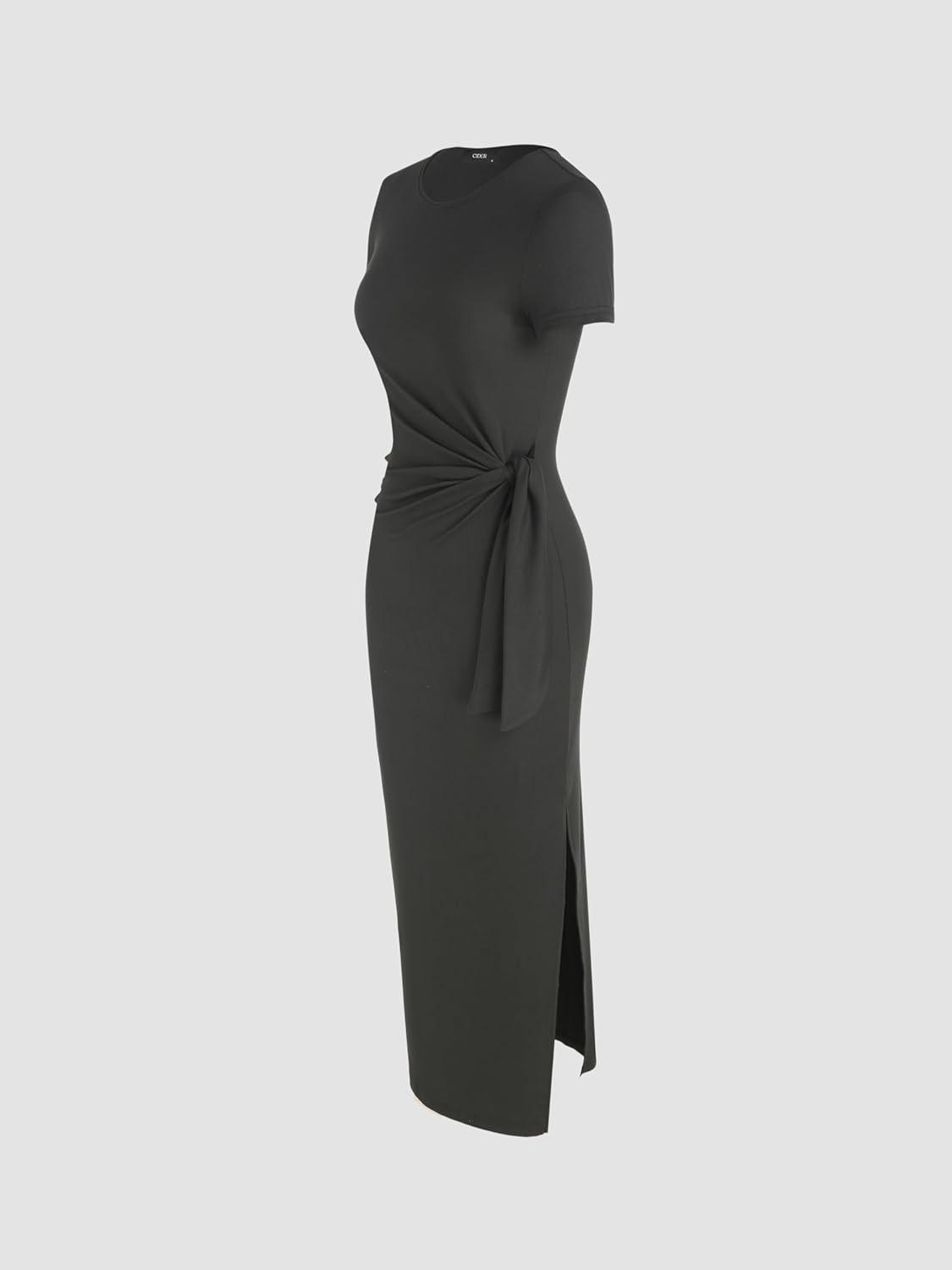 imageCIDER Round Neckline Bowknot Solid Split Midi DressBlack