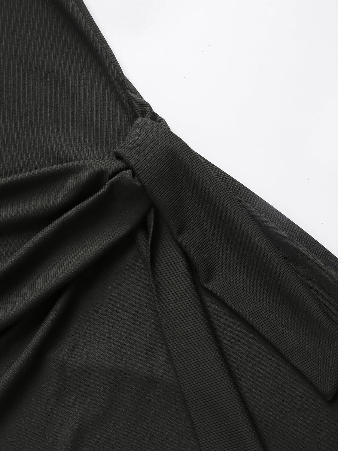 imageCIDER Round Neckline Bowknot Solid Split Midi DressBlack