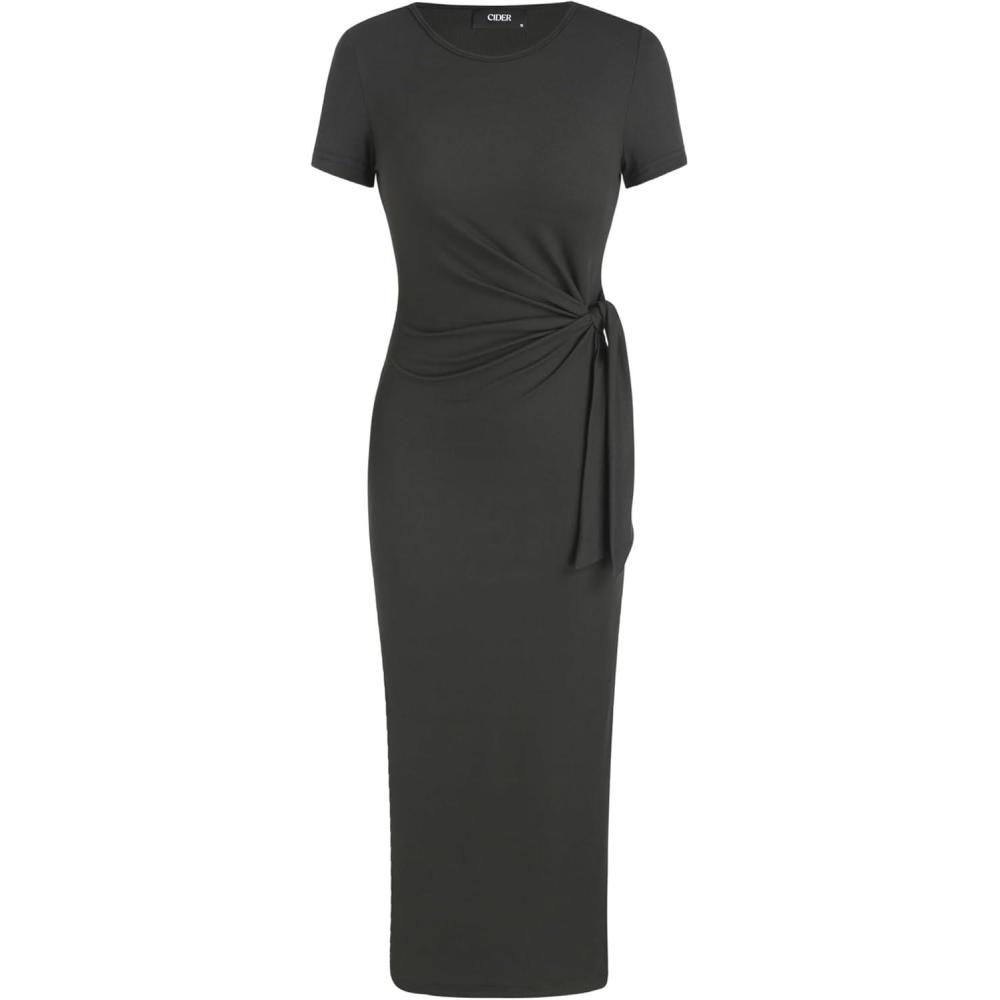 imageCIDER Round Neckline Bowknot Solid Split Midi DressBlack