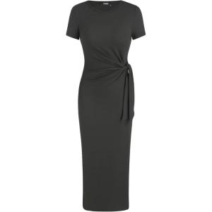 CIDER Round Neckline Bowknot Solid Split Midi Dress(Black)