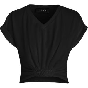 CIDER V-Neck Solid Ruched Crop Top(Black)