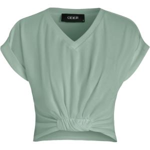 CIDER V-Neck Solid Ruched Crop Top(Pale Green)